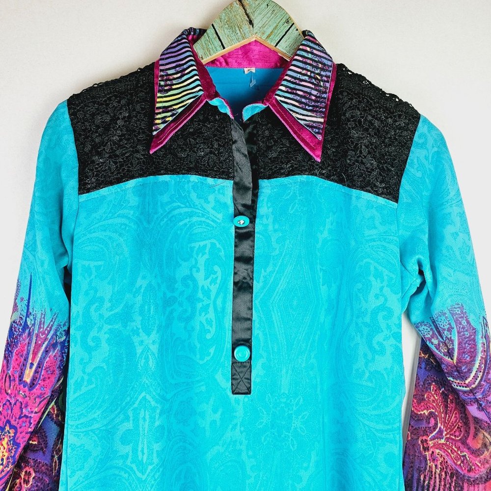 Vintage Pakistani Dress Top, Kameez, Side Splits w/ Lace & Silk Fabric, Size 40 - Picture 4 of 12